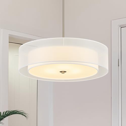 Image of VONLUCE 20 inch Drum Chandelier, 3-Light White Fabric Pendant Light Fixture