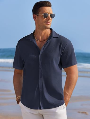 COOFANDY Men's Casual Shirts Short Sleeve Waffle Knit Button Down Shirt Wrinkle Free Summer Beach Tops2