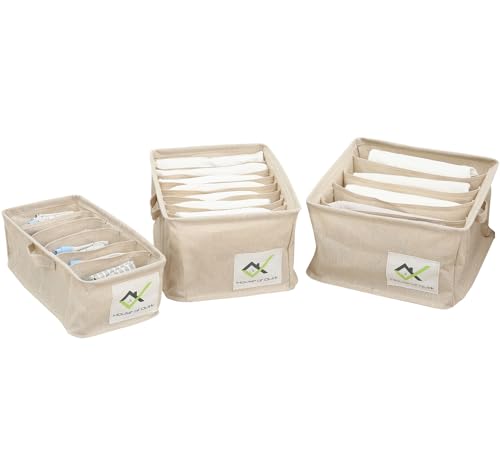 Image of House Of Quirk Set Of 3 Foldable Storage Box Drawer Divider Organizer Closet Storage For Socks Bra Tie Scarfs (5+6+9 Slot, Set Of 3, Beige Linen) - Clothing