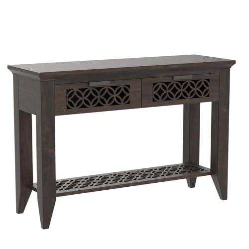 Image of Solid Sheesham Wood Console Table for Living Room | Entryway Hallway Sofa & Fish Tank Table with 2 Drawers & Shelf Storage | Wooden Side Furniture | Warm Chestnut Finish