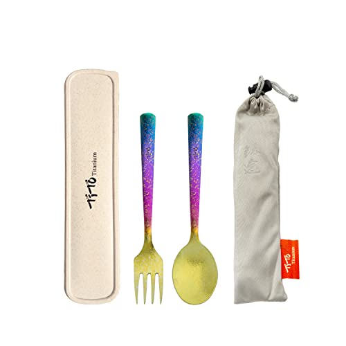 TiTo Titanium Ensemble Couverts Camping Cuillère Fourchette Titane Ultra-Léger Portable Spork Cuillère Voyage Backpacking Ustensiles pour Pique-Nique Randonnée(Coloré) Cover
