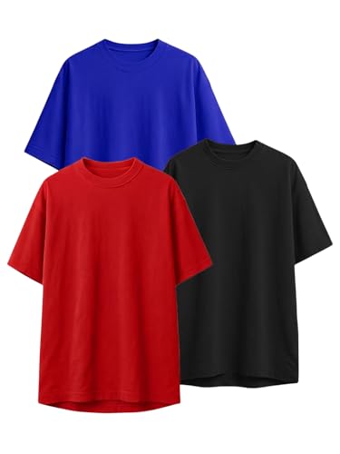 Image of LEOTUDE Women's Drop Shoulder Oversized Baggy Fit Half Sleeve Plain Solid Round Neck Multicolor T-Shirt Combo for Women's (Pack of 3)