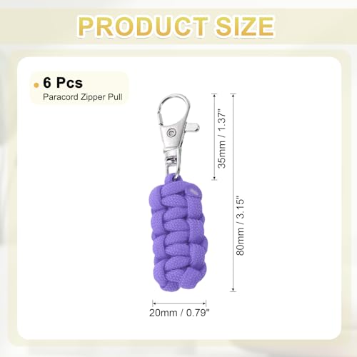 Image of YELARXI Paracord Zipper Pull Polyester Zipper Pulls Replacement Woven Rope with Metal Clasp, 80 mm Length Fit for Backpacks Clothing Luggage Accessories - Cylinder (6 Pack, Purple)