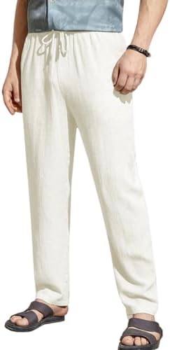 TOPLOT Men's Premium Linen Blend Pants | Lightweight Breathable Fabric | Elastic Waist with Drawstring | Straight Fit | Side Pockets | Perfect for Casual, Holidays & Travel (5268-Off White-34)