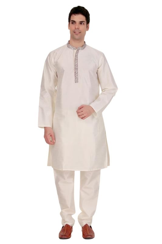 Mens Art Silk Embroidered Kurta Pajama Set For Wedding and Parties - Band Collar