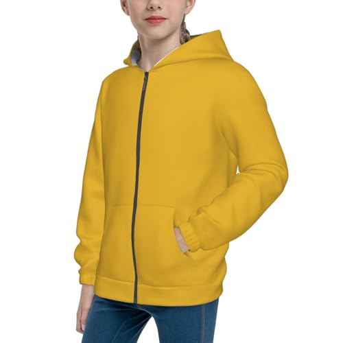 Solid color gold Print Girls Athletic Zip Up Hoodies,Sweatshirts with Pockets Long Sleeve Hooded Jackets, for 7-18 Y