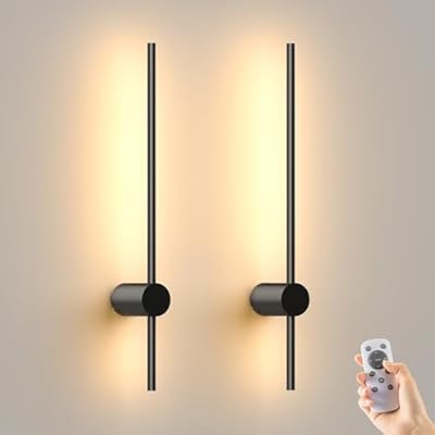 JOFIOS Battery Operated Wall Sconces Set of 2,10000mAh Rechargeable Wireless Sconces with Remote Control,Halloween Decor Dimmable Wall Lamps with 7 Colors,23.6 Inch Modern Black Wall Lights