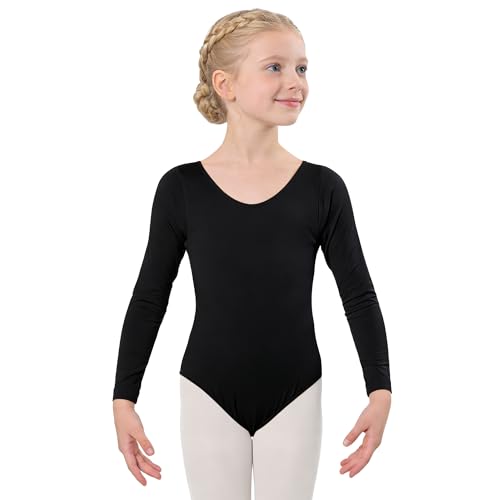Wildarms Leotardo de dança para menina, body balé de manga comprida com decote redondo, camisola ginástica, Preto