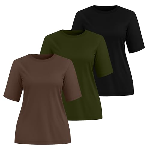 Huukeay 3 Pack Women's Half Sleeve T-Shirts, Crew Neck Elbow Length Tops Loose Casual Basic Tees Summer Cotton Tunic Tops2