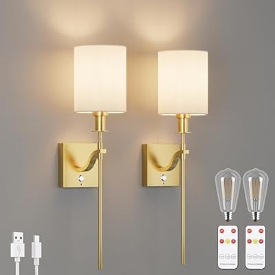 Coinmit Battery Operated Wall Sconces Set of Two,Cordless Dimmable 6000mAh Rechargeable Wireless Wall Light Indoor with Remote Control for Bedroom(Bulb Included)