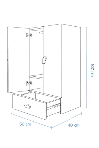 Image of VIKI Kids Wardrobe Almirah - 2 Door Kids Storage Cabinet with Hanging Rod & 1 Drawer for Bedroom, White (40x60x102 cm) | 1 Year Warranty