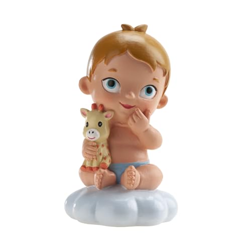 dekora – Figura de decoración Bautizo Niño con peluche de jirafa 10,5 cm, Adornos para Tartas de Bautizo y Baby Shower, Cake topper Decorativo bonito y resistente