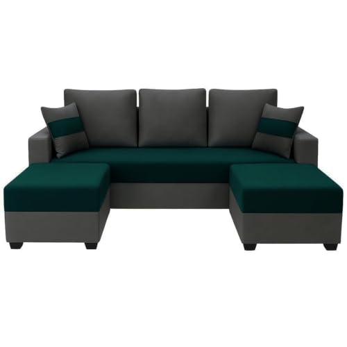 Image of FURNY Aura 5 Seater L Shape Sofa Set with 2 Movable Ottoman | Flexible Left or Right Layout | Plush Velvet Fabric (Greenish Teal-Dark Grey) | Perfect for Living Room, Guest Room & Office
