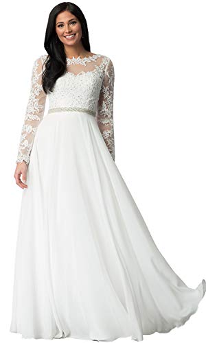 Aofur Womens Long Sleeve Chiffon Party Evening Dress Formal Wedding Prom Cocktail Ladies Lace Maxi Dresses (Large, White)