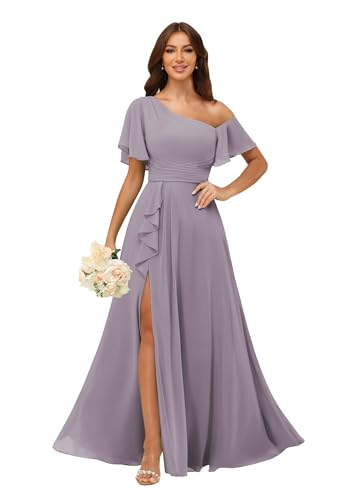 Image of One Shoulder Bridesmaid Dresses for Women with Pockets Short Sleeve Ruffled Chiffon Formal Evening Gowns