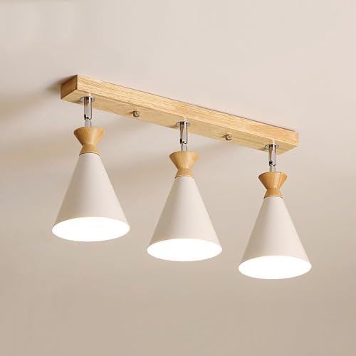 AAHOME 3-Light Ceiling Light, 26 Inch Wood Island KitchenTrack Lighting Fixture, Adjustable Head, Cone Metal Shades, Nordic Solid Wood Ceiling Lamp For Kitchen, Bathroom, Home Essentials(Color:White)