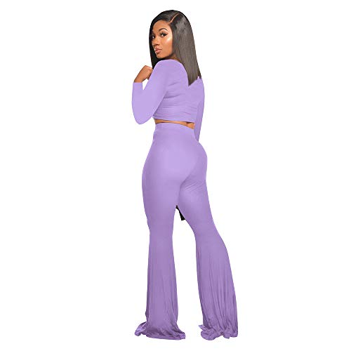 Two Piece Outfits for Women Sexy Crop Top + Flared Long Pants Sweat Suits Ribbed Fitted Tracksuits Yoga Set2