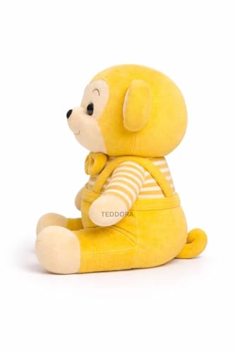 Image of Bow Monkey Soft Toy for Girls Boys Kids, Yellow, Animal Stuffed Baby Teddy Gift Birthday, 25 cm