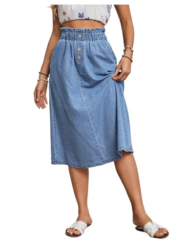 SweatyRocks Women's Denim Skirts Elastic Waist Midi Skirts Button A-Line Skirt with Pockets Fall Outfits3