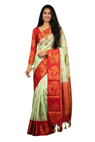 Image of VFCollections Women's Kanchipuram Silk Bridal Pure Pattu Cream White Sarees With Blouse