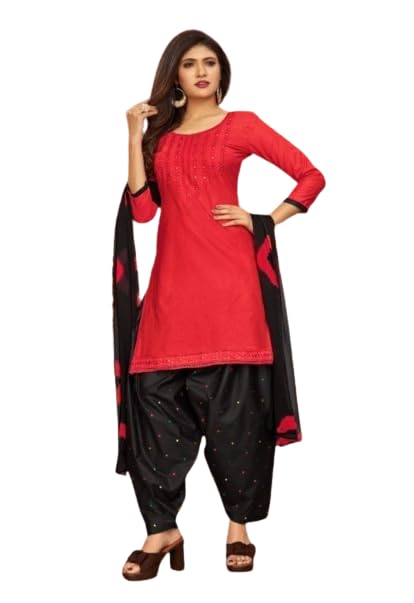 Rayon Embroidered Kurta Patiala Dupatta Set, Red and Black, Tradi...