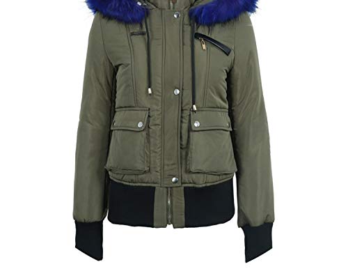 Hood Padded Parka Winter Jacket Women Coat Fur Warm Pocket Zipper Winter Overcoat,Blue