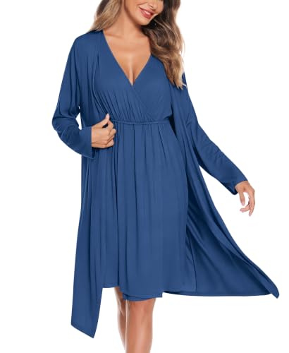 Image of SWOMOG Women Maternity Nursing Gown and Robe Set 3 in 1 Labor Delivery Nursing Nightgown for Breastfeeding Hospital Bathrobe