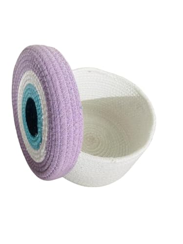 Image of Round Cotton Rope Evil Eye Storage Basket with Lid, Decorative Woven Storage Bin, Pot, Caddy, Organizer, Container for Snacks, Plants, 8x8x5 Inches Multicolor (Purple)