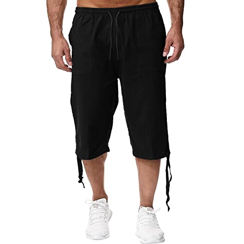 Capri Pants Men Loose Fit 3/4 Summer Drawstring Casual Trendy Pant Basic Solid Color Classic Trousers with Pockets