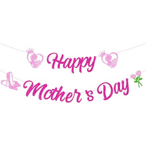 Cartel de feliz día de la madre, decoración del día de la madre, guirnalda de madre con purpurina rosa, banderines para el día de la madre, banderines de cumpleaños, mejores regalos para el día de la