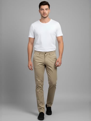 Image of LIVE IN Mens Tan Cotton Blend Slim Fit Casual Solid Trousers