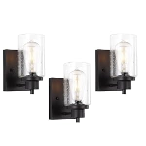 3 Pack Bath Vanity Light Fixtures Wall Sconce, Modern Indoor Bathroom Wall Lights with Seeded Glass, Black Wall Light Fixtures for Bedroom Mirror Kitchen Living Room Entryway Patio