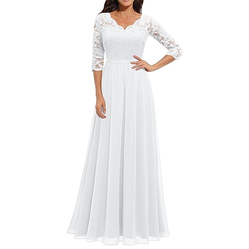 Yowablo Damenkleid mit einfarbigen Spitzeneinsätzen, Langer Taille und kurzen Ärmeln Kleid Elegant Damen Festlich (White, XL)