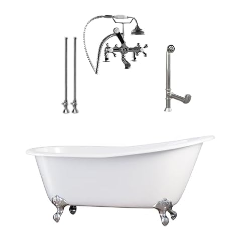 67" Cast Iron Clawfoot Slipper Tub with Brushed Nickel Deck Mount Plumbing Package-"Clay" Cover