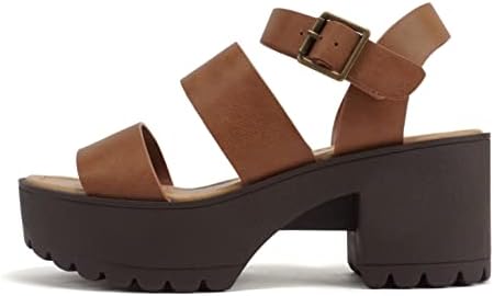 Soda ACCOUNT ~ Women Open Toe Two Bands Lug sole Fashion Block Heel Sandals with Adjustable Ankle Strap (Tan PU, us_footwear_size_system, adult, women, numeric, medium, numeric_8_point_5)