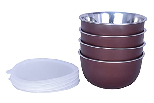 Image of Zaib Microwave Safe Stainless Steel Plastic Coated Euro Bowl Set of 4 for Re-Heating, Serving Snacks, Curries etc. 500 ML Each (Dark Brown)