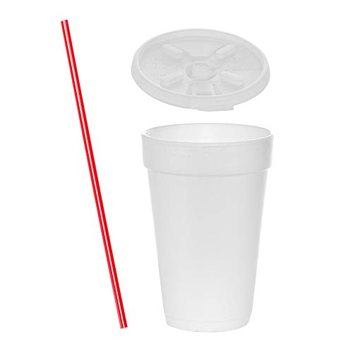 (200 Sets) 16 oz White Foam Cups with Lift'n'Lock Lids and Stirrers, Disposable Foam Drink Cups, To Go Coffee Cups, Insulated Foam Cups for Hot/Cold Drinks byÂ Tezzorio