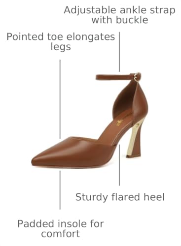 Image of RIBONGZ Comfortable Kitten Heels for Women Pointed Closed Toe Ankle Strap Buckle Heels Slip on Low Heel Church Pumps Wedding Bridal Party Dressy Shoes