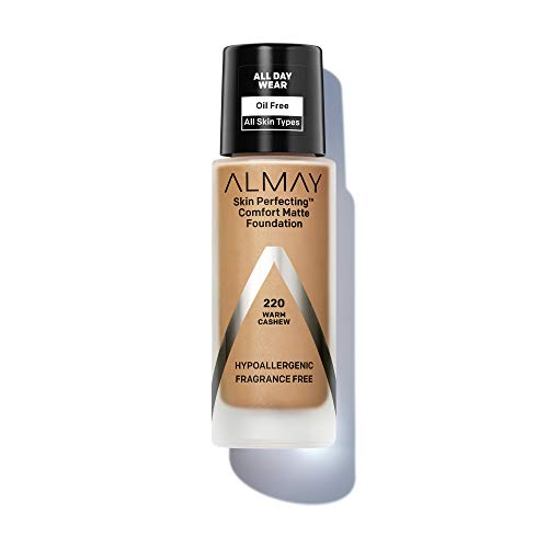 Almay Skin Perfecting Comfort Matte Foundation Liquid Makeup, Hypoallergenic, Cruelty- & Fragrance-Free, Dermatologist-Tested, 220 Warm Cashew, 1 fl oz