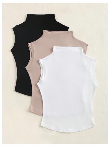 SweatyRocks Women's 3 Pack Tank Tops Mock Neck Fitted Sleeveless Summer Tops3