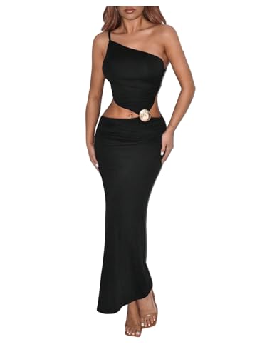 SHENHE Women's One Shoulder Cutout Waist Hollow Out Sleeveless Shell Metal Buckle Bodycon Maxi Dress Black Medium