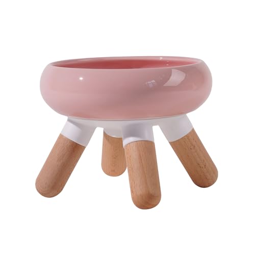 CATU おしゃれで実用的なペット用フードボウル、保温ペット食器、犬猫兼用、天然木スタンド付き、滑り止め、首に優しい、陶器製 餌皿、猫用、犬用、 陶器製、分解洗える餌入れ エサ皿、 高齢犬猫にも優しい (ピンク)