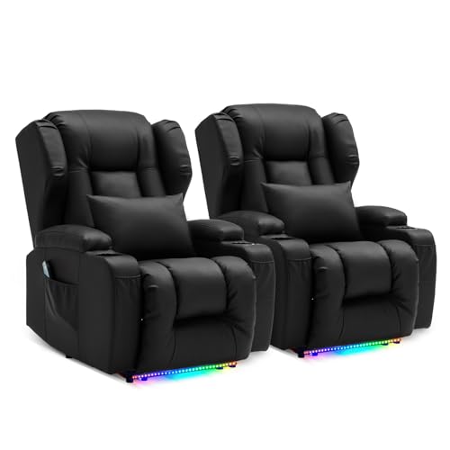 Image of DRMBOOK Power Recliner Chair, Electric Wall Hugger Reclining Sofa with Massage & Heat, Overstuffed Movie Theater Seating with LED /USB Ports /Cup Holders for Living Room (Leather Black, 2 Chairs)
