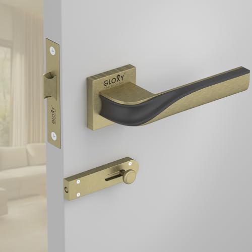 Image of GLOXY Brass Door Lock for Bathroom Door Lock, Balcony Store Room Door knob Lock, Mortise Keyless Handles Set with Brass Baby Latch for Bedroom |Antique & Black Finish (2 Years of Warranty, Pack of 1)