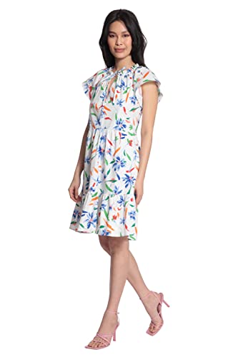 Maggy London Women's Plus Size Tie Neck Flutter Sleeve Tier Hem Dress, Soft White/French Blue, 20W #TOP1