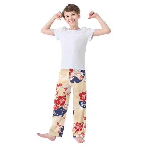 Spring Plum Flowers Boys Long Pants Soft Trousers Elastic Waist Kids Lounge Bottoms with Pockets S-XL3