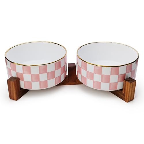 Podinor Ceramic Dog Bowls for Medium Dogs 3.5 Cups Checkered Dog Food and Water Bowl with Acacia Wood Stand Non-Slip Anti-Tip Elevated Feeding Station Pink and White