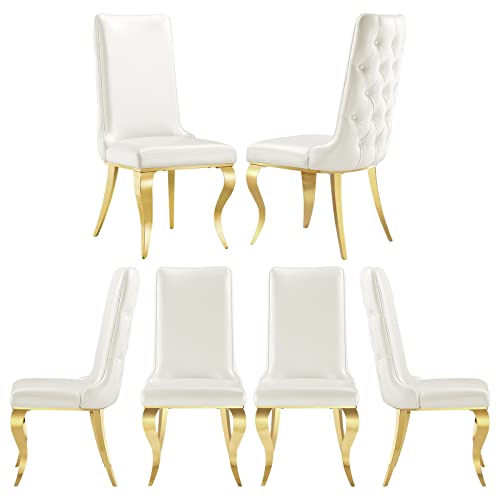 Azhome Dining Chairs, White Faux Leather Upholstered Dining Room Chairs In Button-Tufted Back, Dining Chairs With Gold Legs For Kitchen Dining Room, Set Of 6 #TOP14