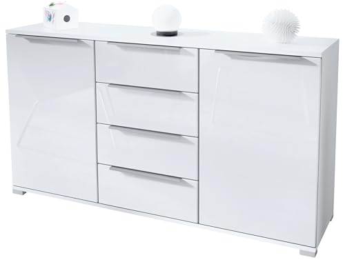 Sideboard Linio V1, Anrichte mit 2 Türen und 4 Schubladen, Weiß...