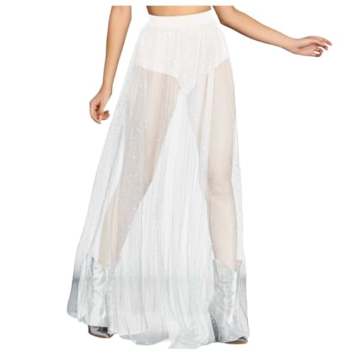 Falda larga larga para mujer, sexy, 2 en 1, falda de malla transparente, falda de baile, cintura alta, falda de tul con pantalones cortos, falda de verano para fiestas y clubwear festival ropa de